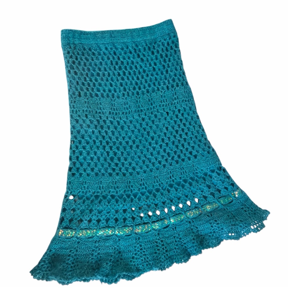 Euro brand Estilus mermaidcore crochet knit teal midi skirt with sequins